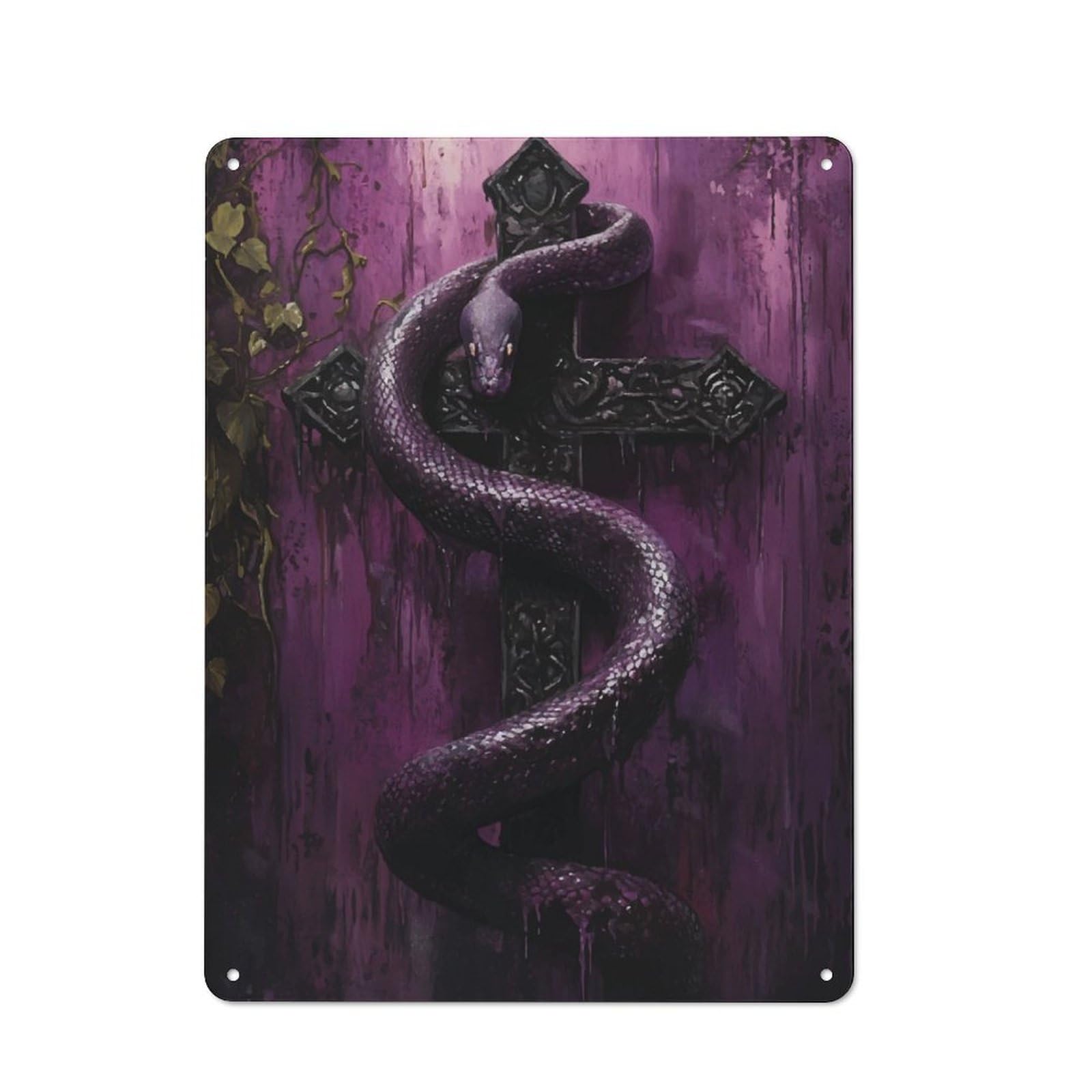 Junmoney Purple Snake On Gothic Cross 40X30cm Rustic Tin Sign With For Home Office Or Studio, For Metal Sign Collectors, For Garage And Workshop Walls
