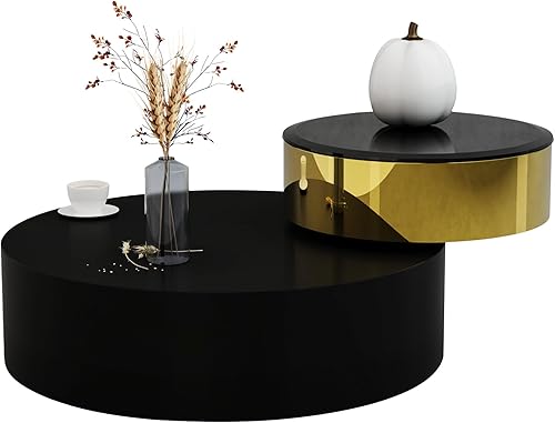 Mesa de centro redonda giratoria de 41 pulgadas con mesa giratoria de 360° y diseño de 2 niveles, decoración de metal negro mate y dorado, mesa Mate