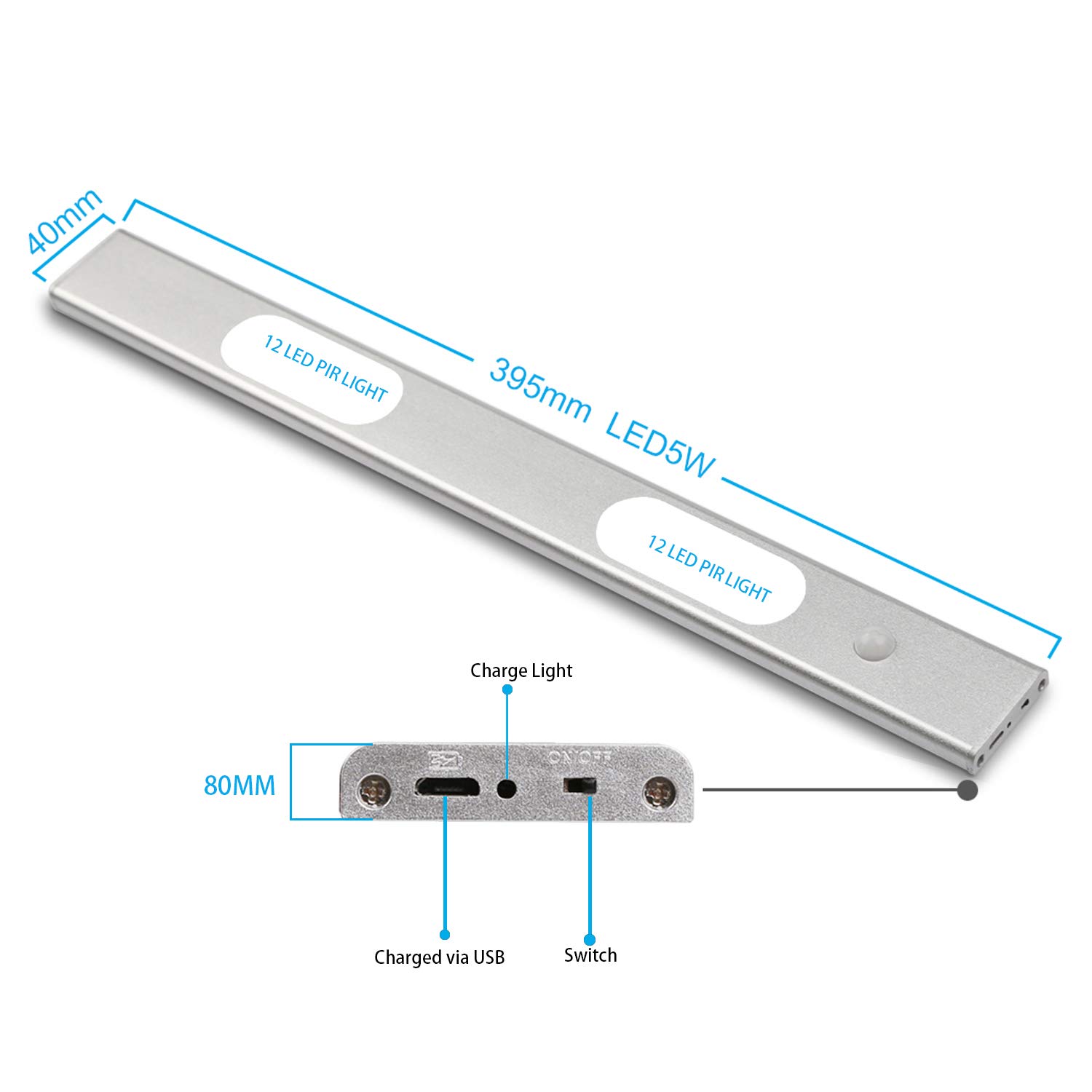KETELAMP Under-Cabinet Light, 24 LED Closet Light, USB Rechargeable, Magnetic, Motion Sensor, Silver, 400mm x 40mm x 8mm, Cool White, Garage
