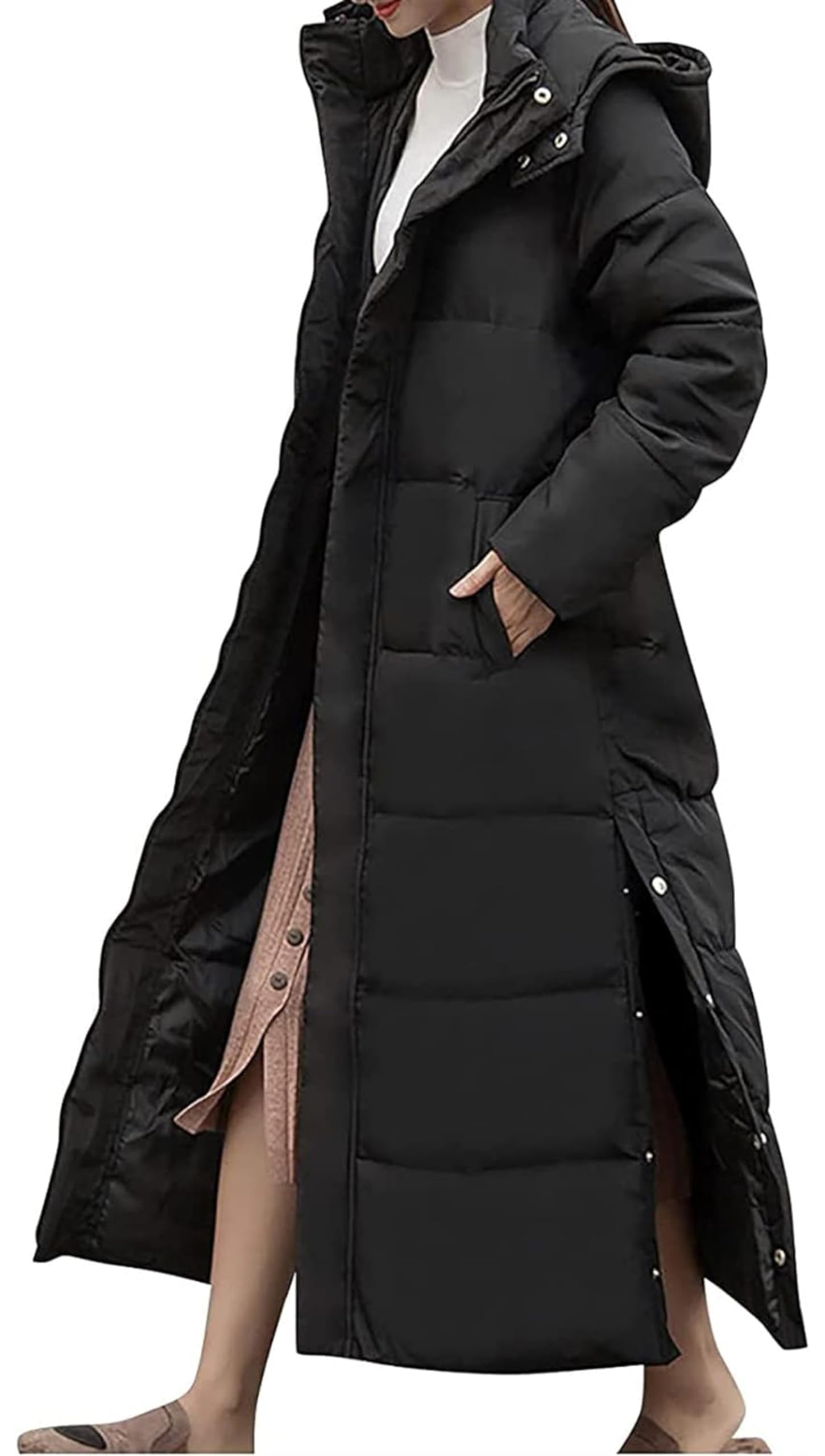 Piumino da Donna con Cappuccio Lungo, Cappotto Imbottito Caldo Invernale Giacca Invernale Monocromatica Piumino Trapuntato con Spacco alla Caviglia con Dolcevita,Nero,3XL