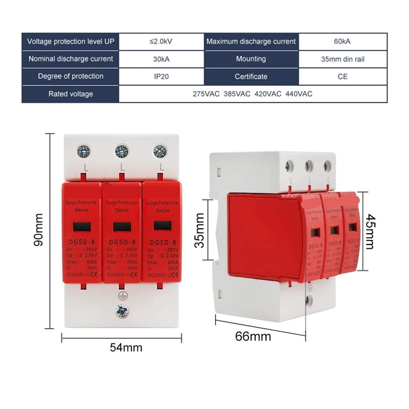 AC SPD 3P House Lightning Surge Protector 10-20KA 20-40KA 30-60KA 385V 2P+N Solar PV Protective Low-voltage Arrester Device(20-40KA)