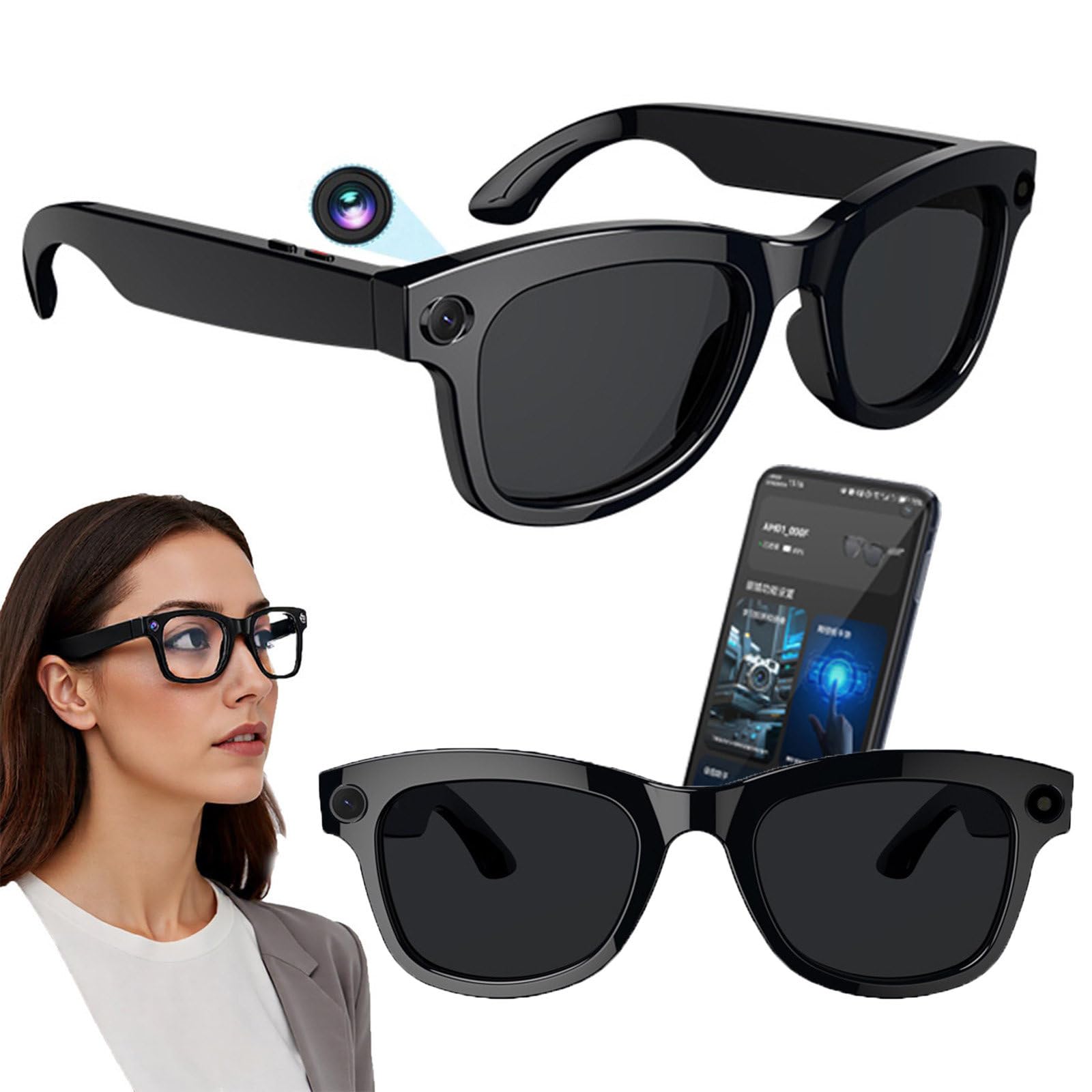 Smart Al Camera Glasses, Built-in ChatGPT, Voice Control, Listen Music and Calls, Wifi 4.0 + Bluetooth 5.3, Shoot Audio Video Recordings Smart Bluetooth Translator Sunglasses, for Outdoor Sport,B