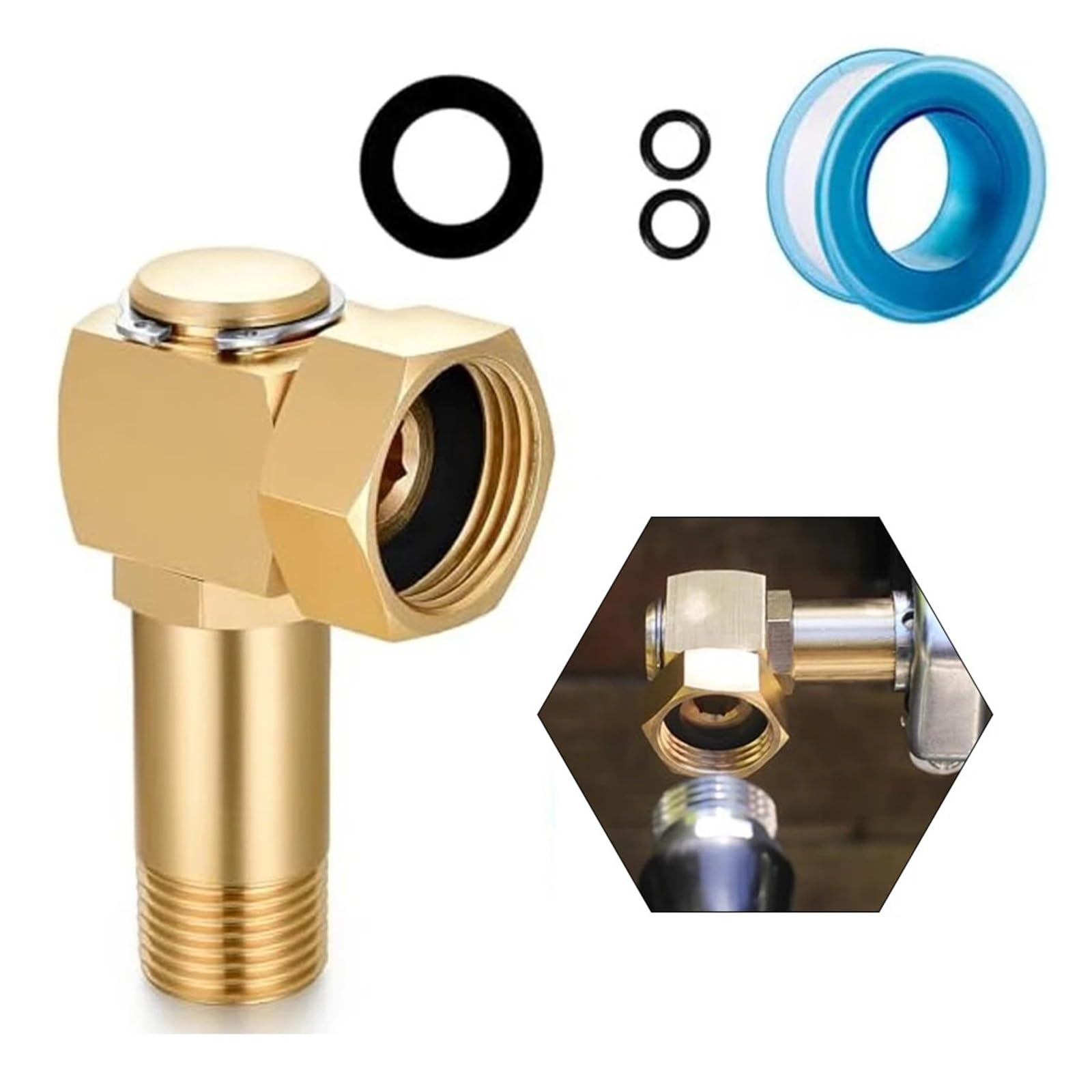 Conector de carrete de manguera de jardín, adaptador de codo giratorio de 3/4 pulgadas GHT a 1/2 NPT macho con arandelas adicionales y cinta de sellado(2PCS)