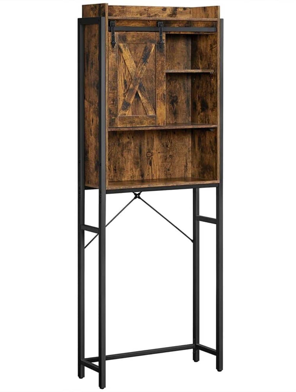 VASAGEL Toilettenregal, Badezimmerregal, mit Schrank, Stahlgestell, für Waschmaschine, einfache Montage, Industrie-Design, 64 x 24 x 171 cm, vintagebraun-schwarz BTS003B01