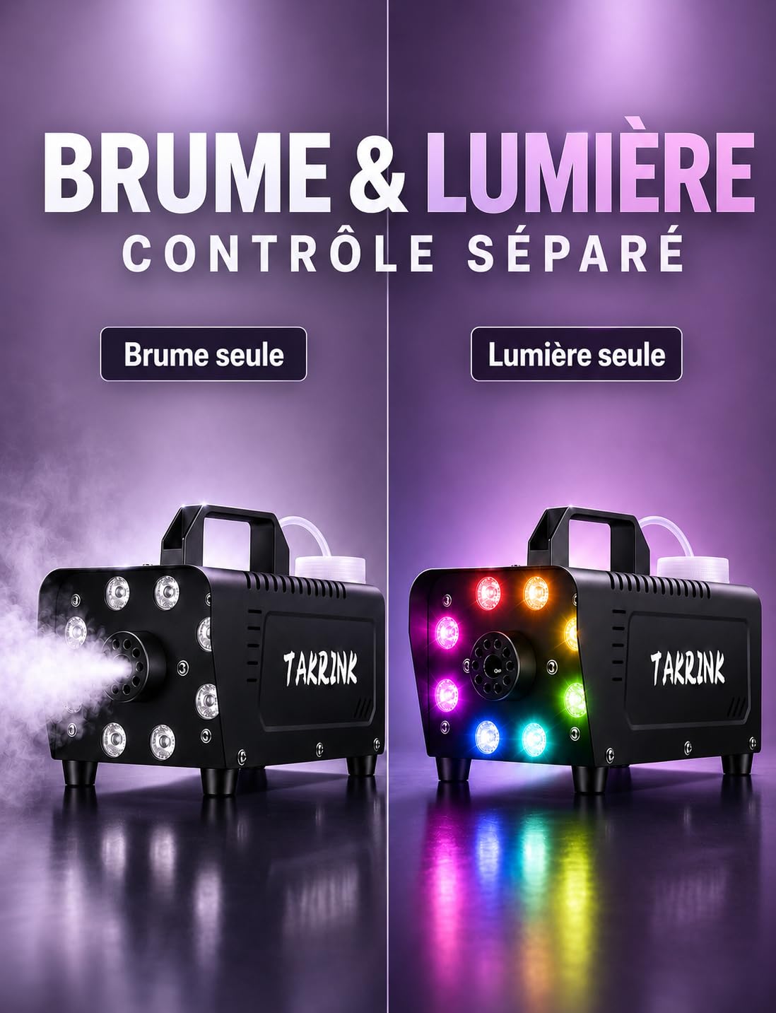TAKRINK Machine à Fumée 900W Télécommande Machine à Brouillard Professionnel avec 8 LED et Réservoir 0,3 Litres pour Halloween Mariages Étapes Fêtes DJ et Spectacles | 8 LED RGB 16 Couleurs effet fumée Lumineux Réservoir 0,3 L et Commande à Distance pour