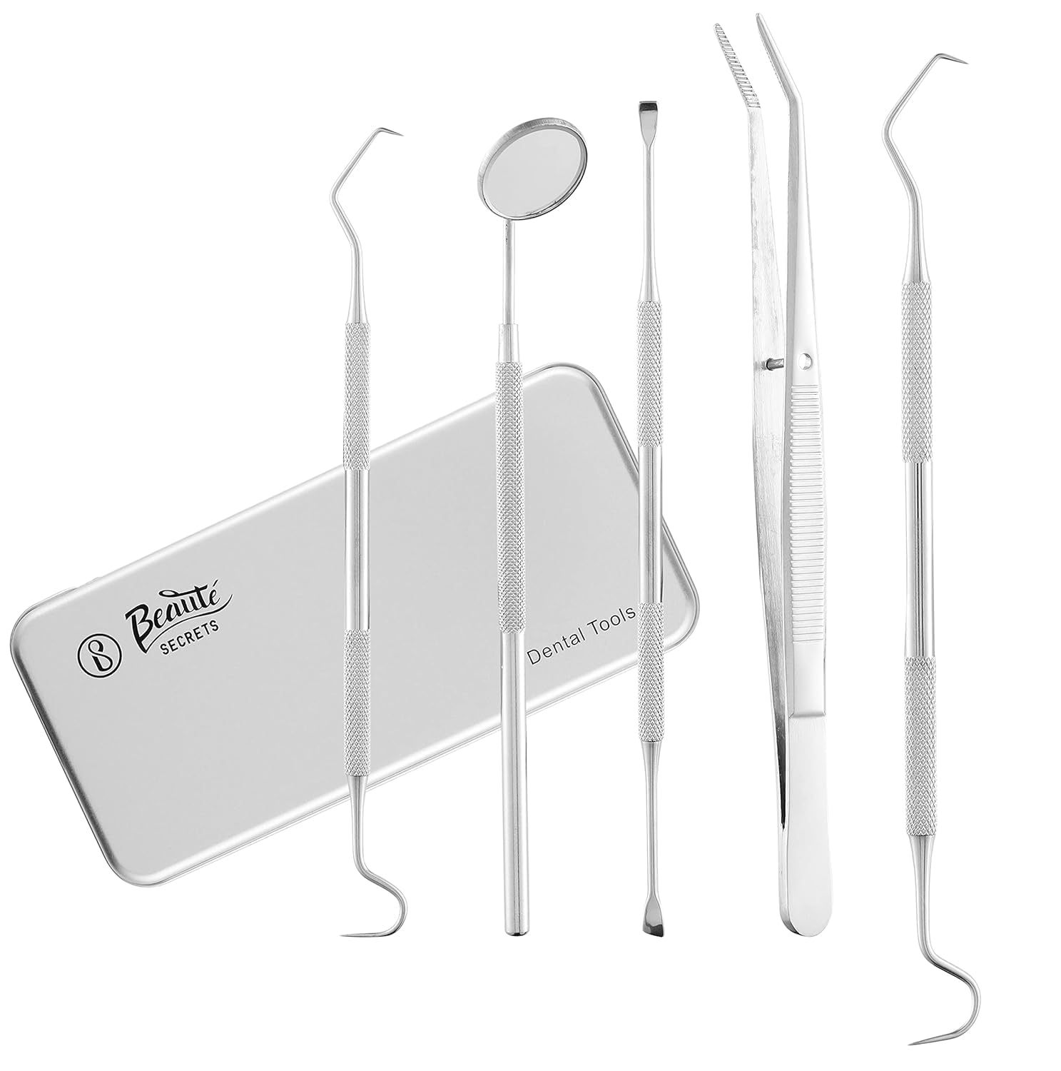 Beauté Secrets Dental Tools, Dental Pick Set 5Pcs Tooth Scraper Dental Hygiene Kit, Stainless Steel Teeth Cleaning Kit with Metal Case for Plaque Tartar Removal for Personal & Pets Use-picture-30