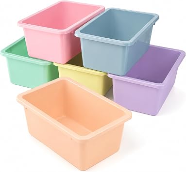Tenceur 6 Pcs Plastic Book Bins for Classroom Library Cubby Bins Stackable Toy Storage Tubs Containers for School Office Home Nursery Playroom Organization, Pastel Color, 11.6 x 7.7 x 5 Inches