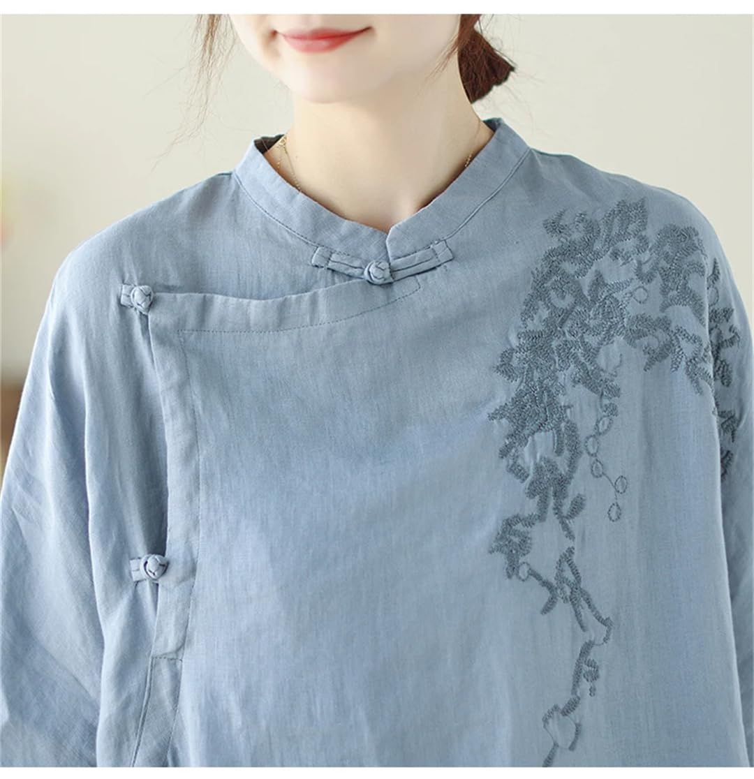 Chemise longue décontractée brodée en coton et lin pour femme