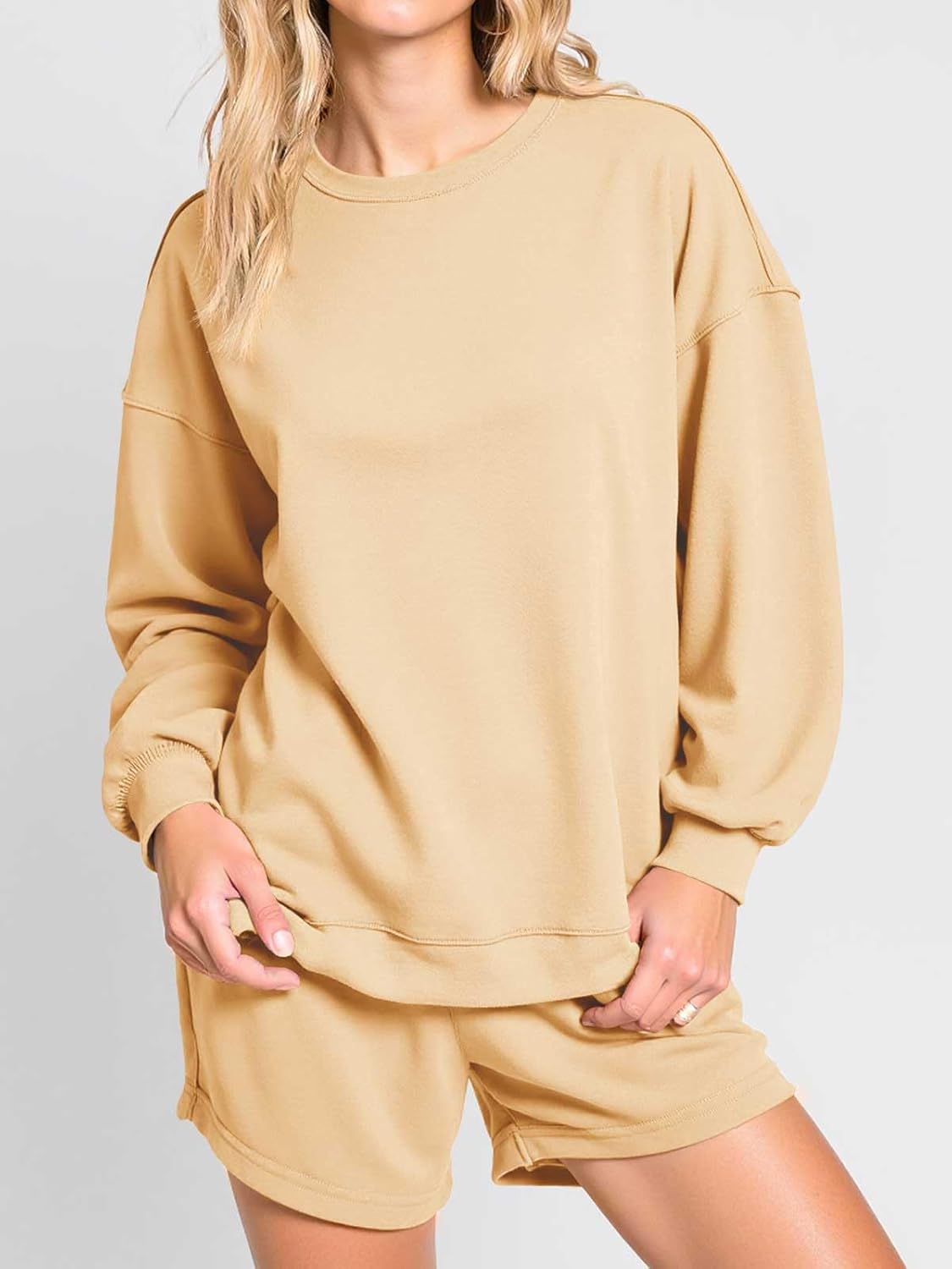 Tankaneo Womens Oversized 2 Piece Outfits Sweatsuit Casual Long Sleeve Crewneck Sweatshirts Sweat Shorts Fall Lounge Sets - Image 2