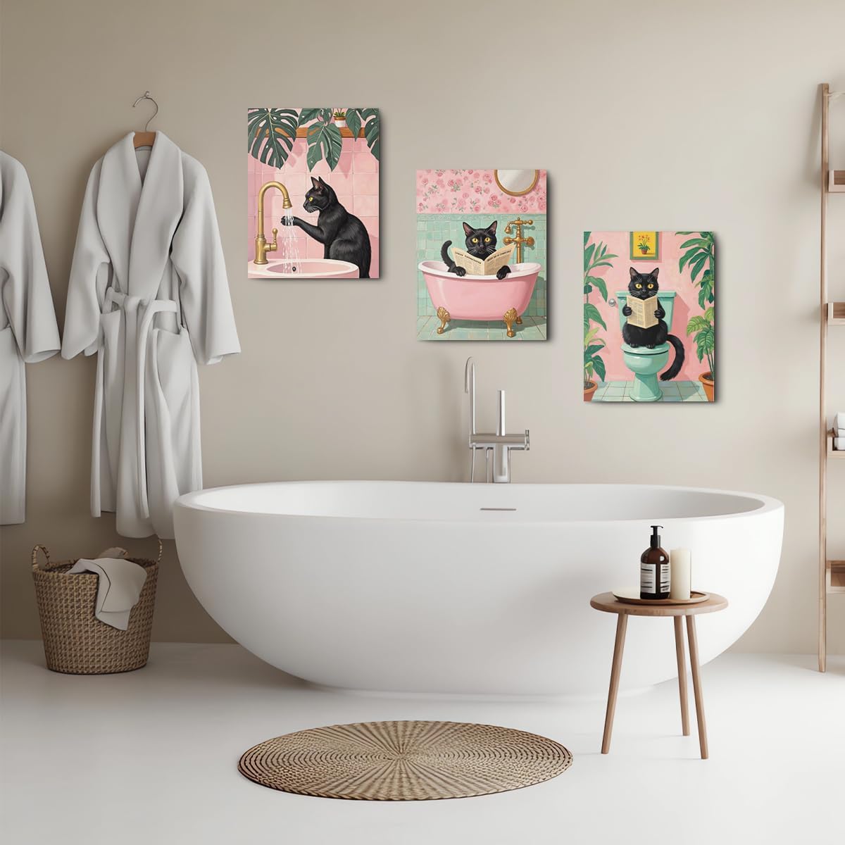 3 Pcs Funny Cat Bathroom Canvas Wall Art, Humorous Cat Restroom Wall Decor Framed Prints for Home Bathroom Apartment Decor, Funky Animal Reading Newspaper Prints for Home Decor 11.5x15 Inch