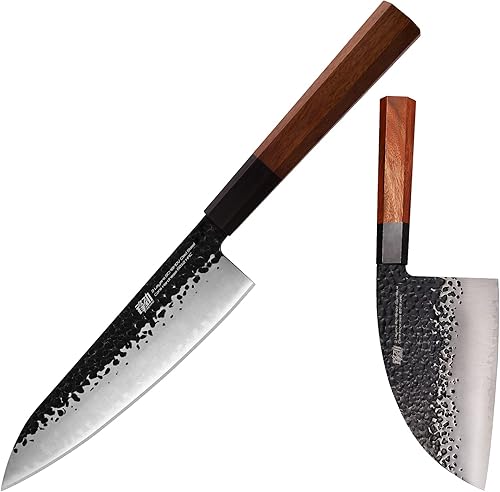 FINDKING Dynasty Series - Cuchillo de cocina serbio de 6.5 pulgadas y 8 pulgadas, acero revestido de alto carbono, mango octogonal de cocina