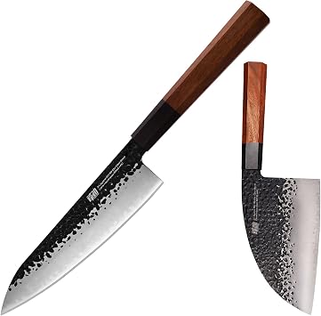 FINDKING Dynasty Series 6.5" Serbian Cleaver and 8" Chefs Knife, High Carbon Clad Steel Octagonal Handle Kitchen Cooks Knives
