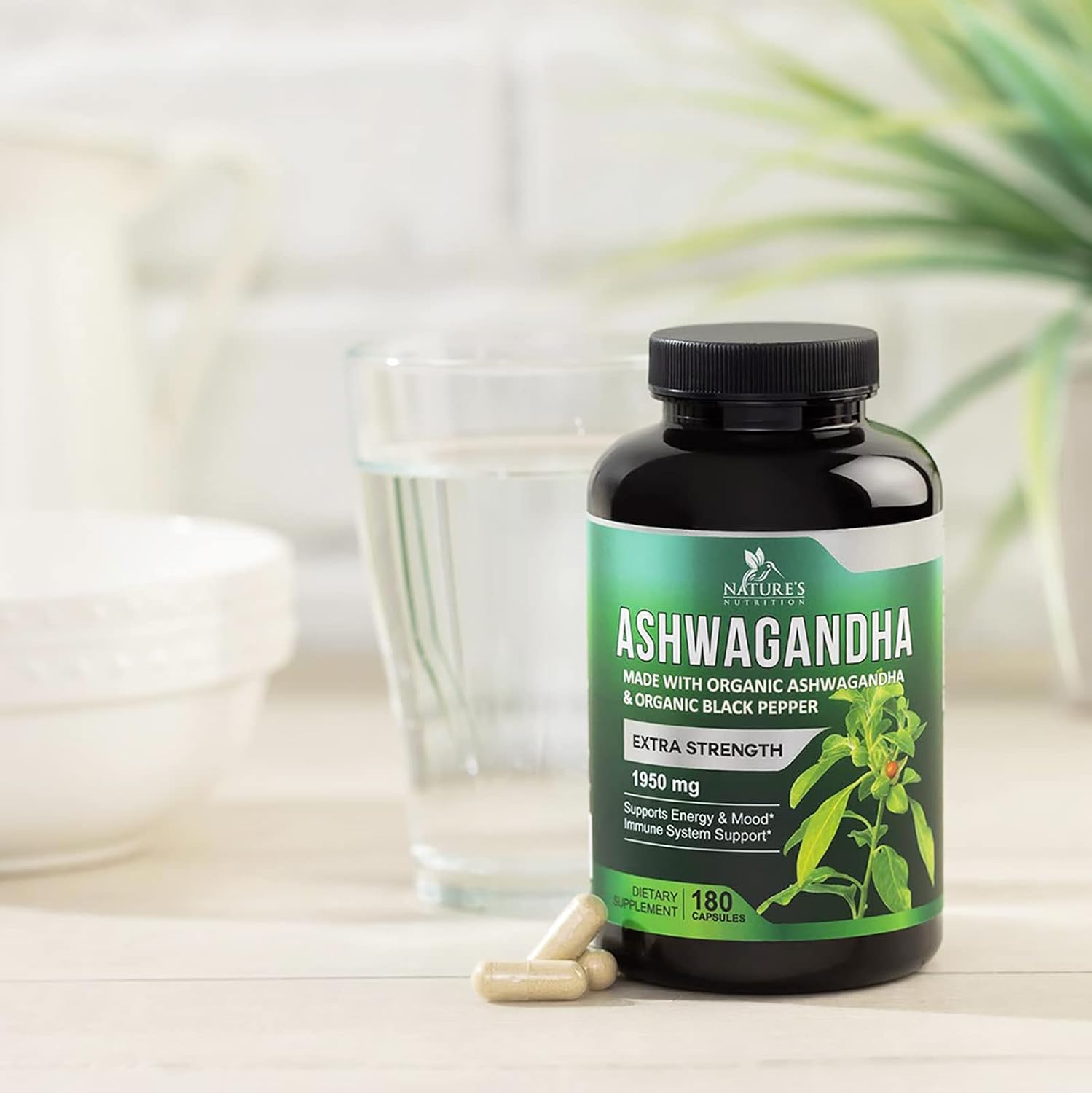 Organic Ashwagandha Capsules - Pure Organic Ashwagandha Powder & Root Extract Capsules - Extra Strength Stress Support Plus Thyroid Support Supplement - Vegan, Gluten Free, Non-GMO - 180 Capsules