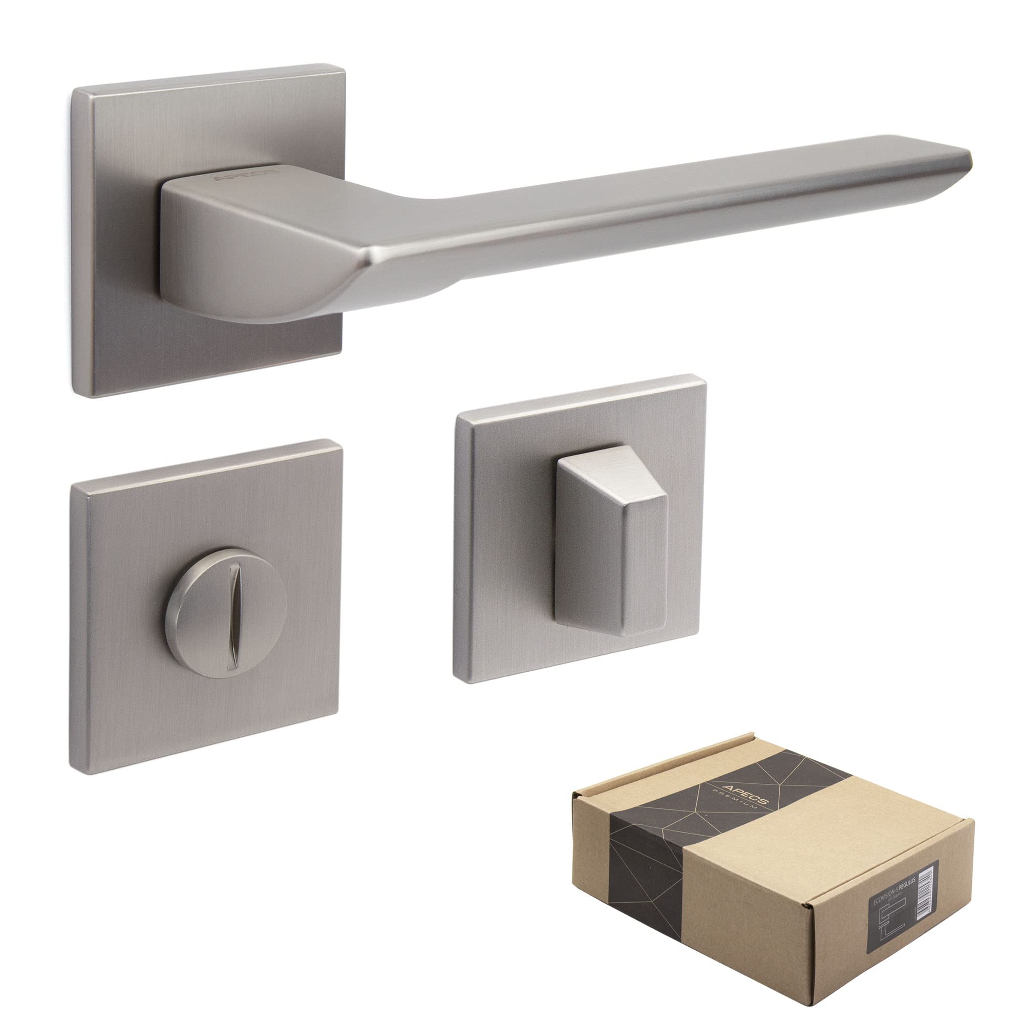 APECS Tirador de puerta interior moderno para puerta de casa y puerta interior con rosetas cuadradas, manija de puerta niсkel mate con material de fijación, herrajes para puerta modelo Electra WC –