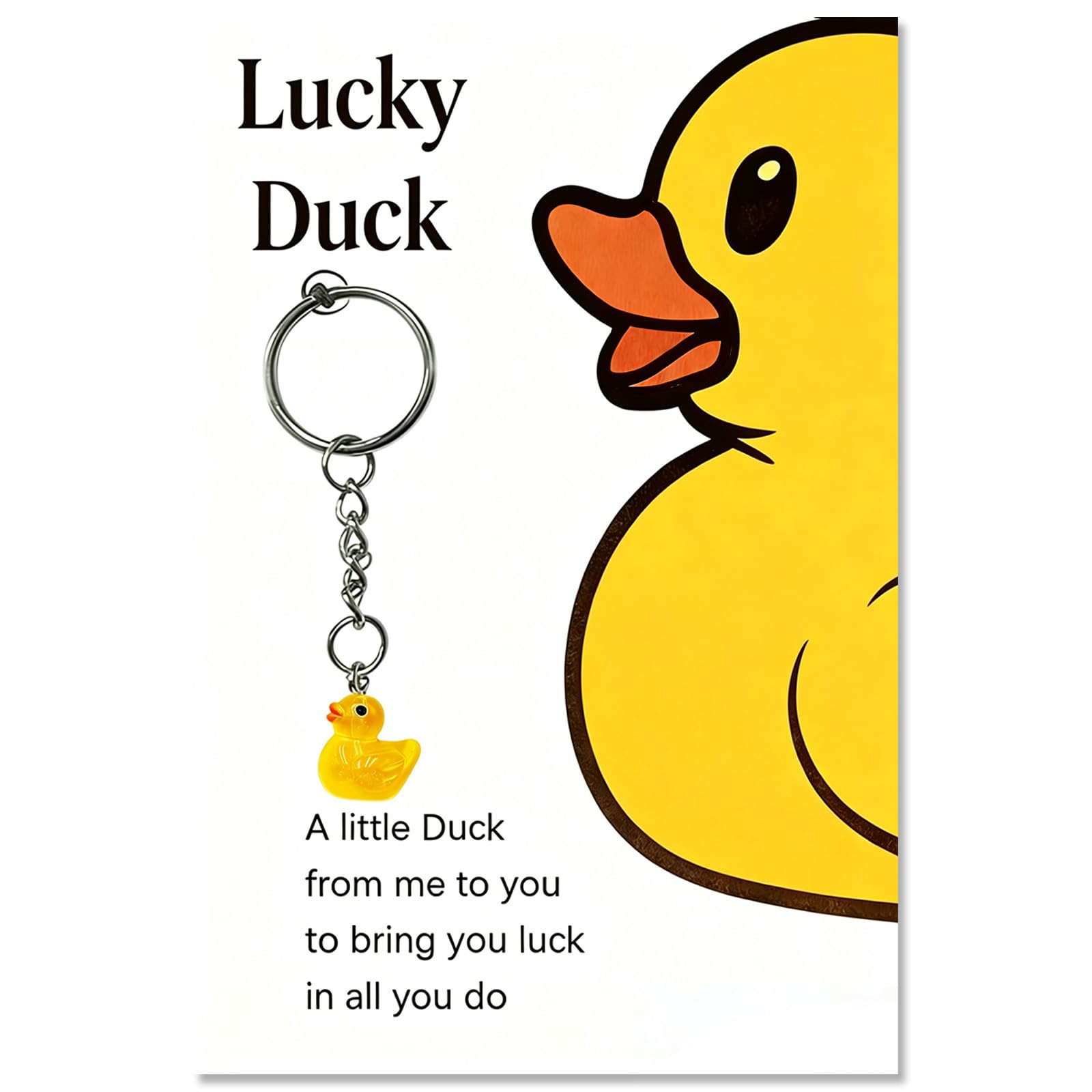 AIKOBAA Good Luck Charm Duck Keyring – Cute Yellow Duck on Stainless Steel Keychain with Inspiring Note, Gift for Friends, Students, Coworkers