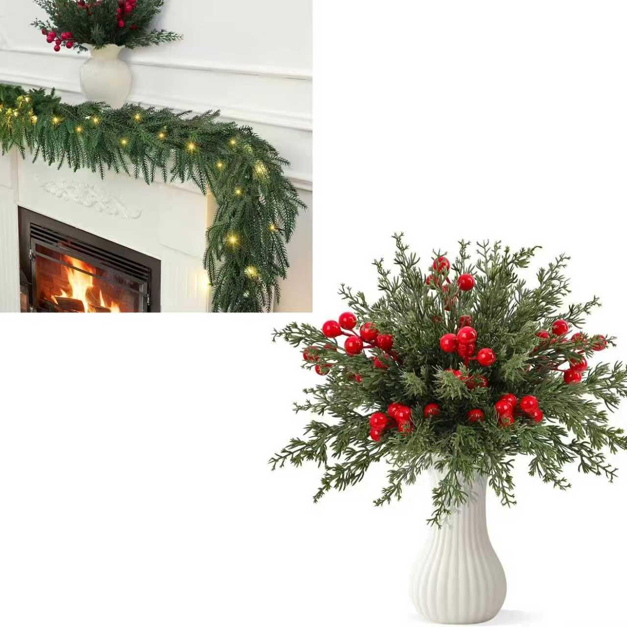 6 ft Norfolk Pine Garlands with Light and 50 Pcs Christmas Artificial Pine Branches with Red Berry Stems