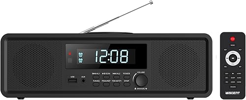 WISCENT Sistema estéreo para el hogar, reproductor de CD, sistema de sonido RMS transparente de 20 W con radio FM, Bluetooth, USB, MP3, AUX, reloj