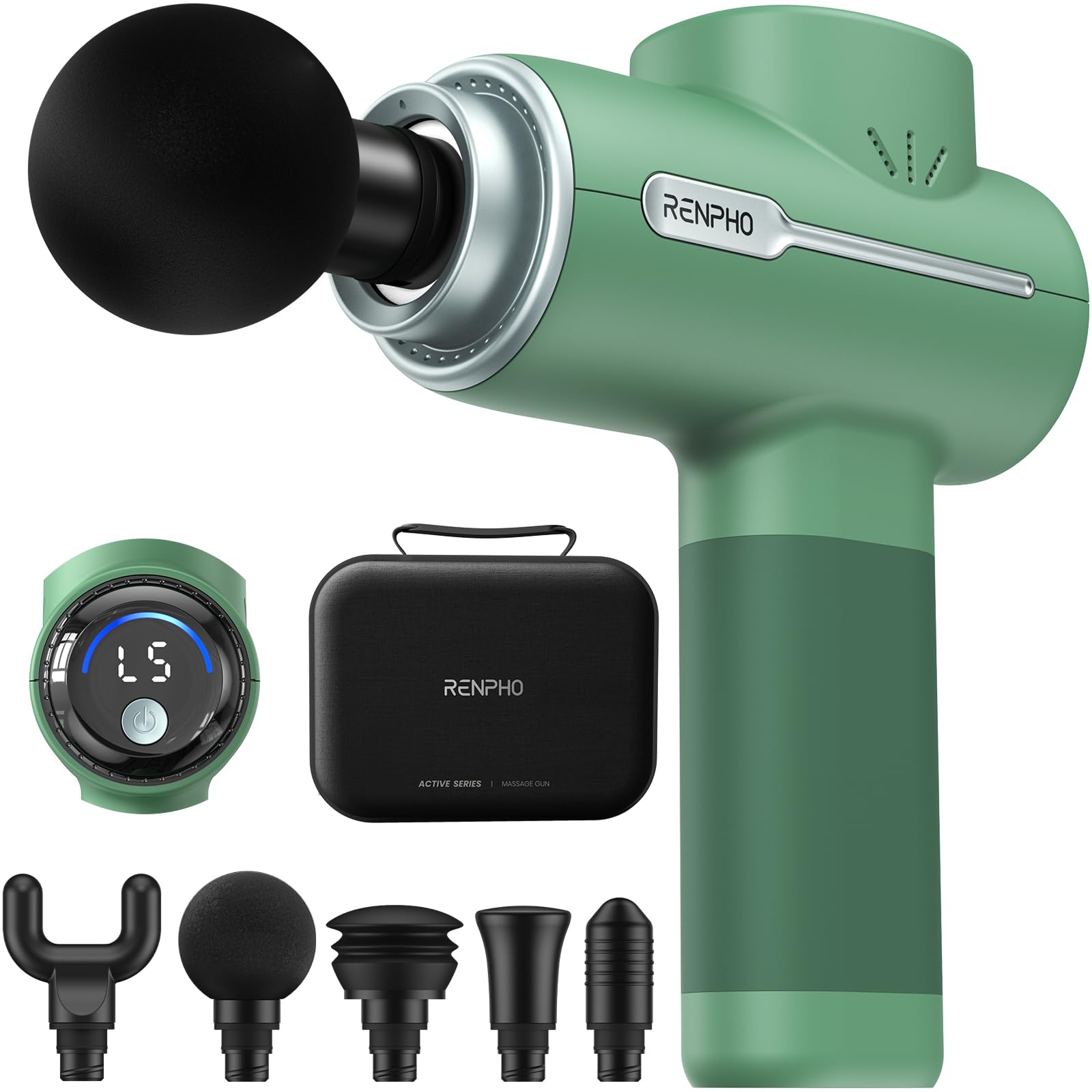 RENPHO Massage Gun Deep Tissue Muscle Percussion Massage Gun, Powerful Portable Back Massager Gun for Athletes, Handheld Back Massagers, Carry Case, Active, Green
