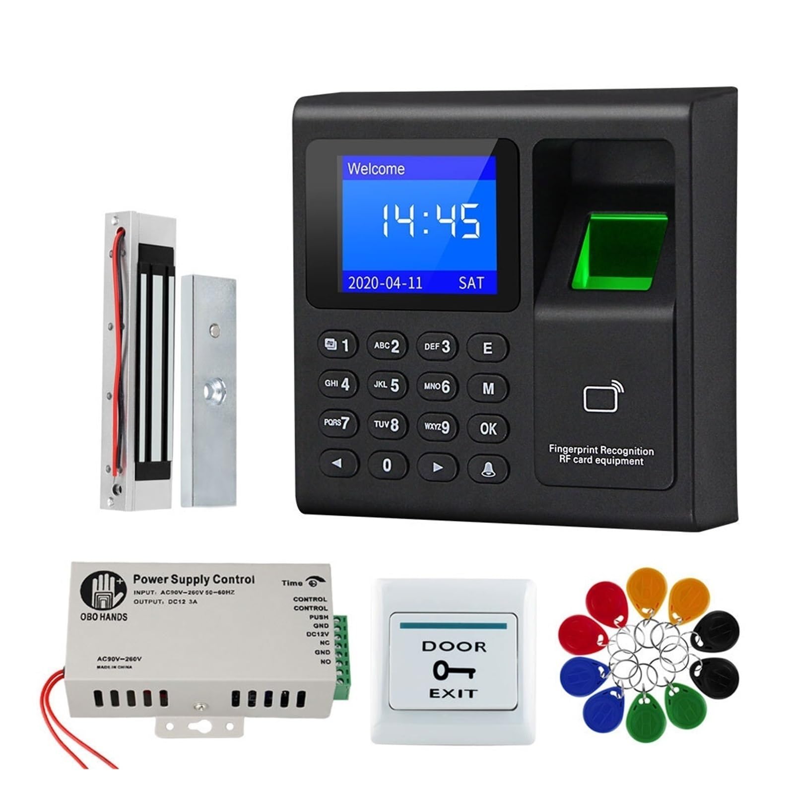 Zegar czasu, System kontroli dostępu do drzwi RFID Czytnik linii papilarnych Maszyna czasu Zasilanie z zamkiem magnetycznym Przycisk wyjścia Breloki bramy dla Pracowników(F30-S Kit8)