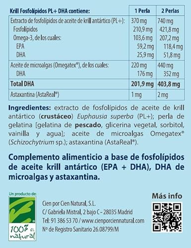 Aceite de Krill Fosfolípidos PL+ DHA - Omega 3 de Alta Absorción - Equivale a 1000mg de DHA en Forma de Triglicéridos - Salud Cerebral y Cardiovascular - Con Astaxantina Antioxidante - 30 Perlas