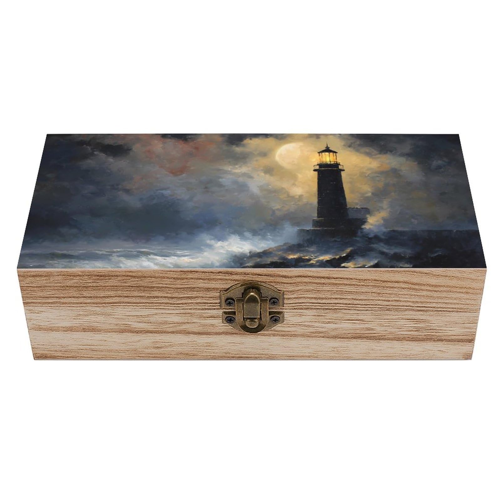 HLBSDM Night Lighthouse Waves Moon Wooden Storage Box Craft Memory Keepsake Treasure Chest Box Jewelry Organizer