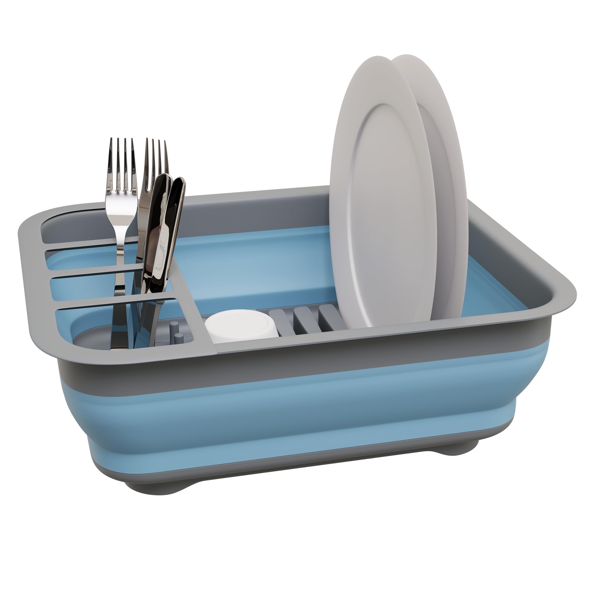 Knight Collapsible Dish Drainer Rack – Foldable Dish Drying Rack With Cutlery Divider, Compact Kitchen Storage Dish Rack For Plates, Cups & Bowls, Space Saving For Home, Camping & Caravans (Blue)