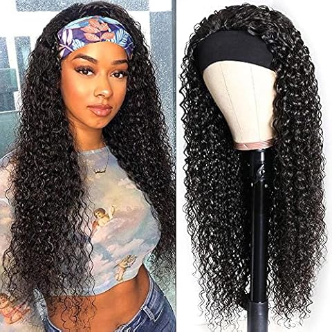 Curly Headband Wigs Human Hair For Black Women 24 Inch Kinky Curly Human Hair Wigs 150% Density Glueless None Lace Curly Wigs Natural Black Cover