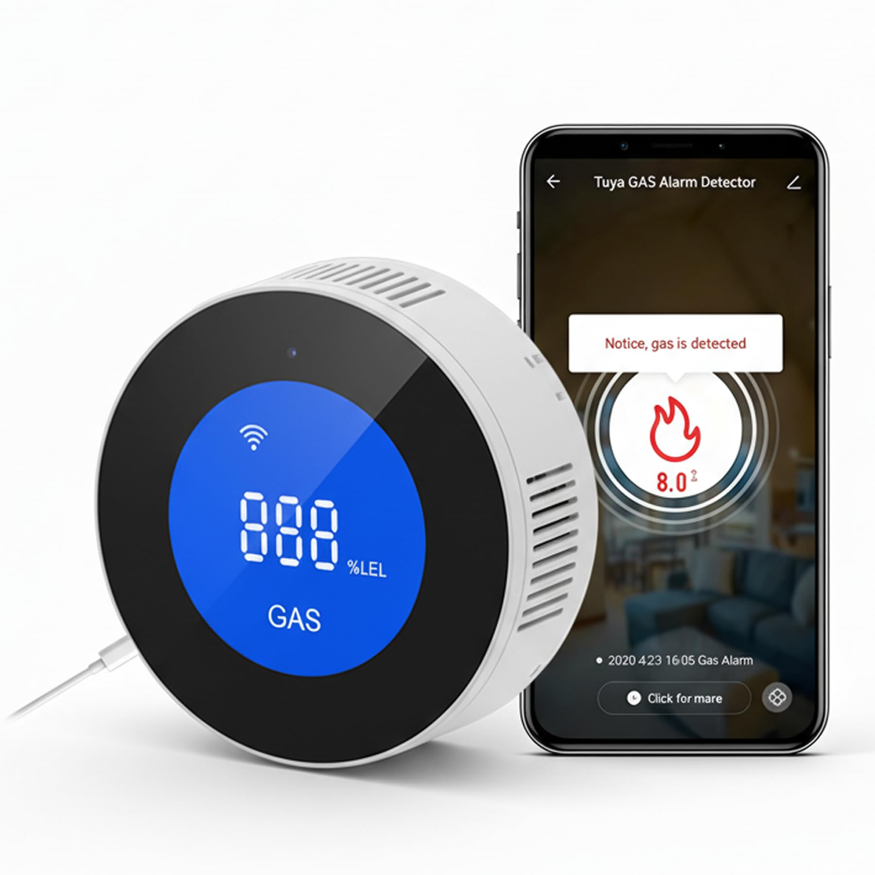 Rilevatore di Gas WiFi, Sensore Fughe di Gas Naturale/Metano/GPL/Propano, Allarme 85 dB con Display LCD, Compatibile con App Smart Life/Alexa/Google, Certificato EN 50194, Spina Tipo C