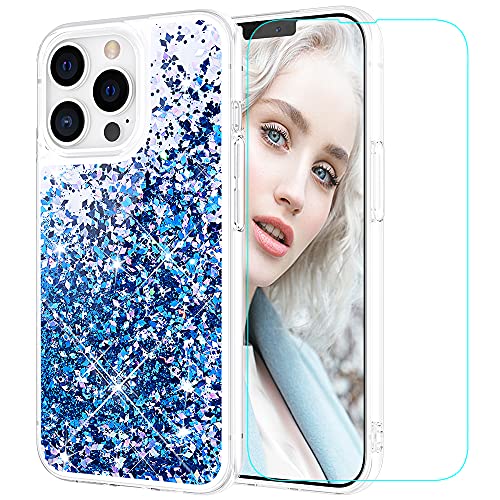 Maxdara iPhone 13 Pro Max Glitter Case, iPhone 13 Pro Max Case with Screen Protector Floating Liquid Bling Sparkle Pretty Girls Women Glitter Case for iPhone 13 Pro Max 6.7 inches (Silver Blue)