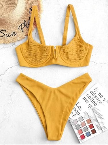 Zaful Womens Smocked Underwire Push Up Bikini Ribbed V Wired Swimsuit High Cut Bikini Swimwear #TOP5