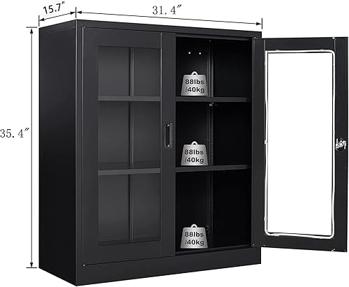 Miniatura 16 de SISESOL Armario de almacenamiento con puertas y estantes de vidrio, armario de despensa de cocina independiente para el hogar, oficina, baño Negro