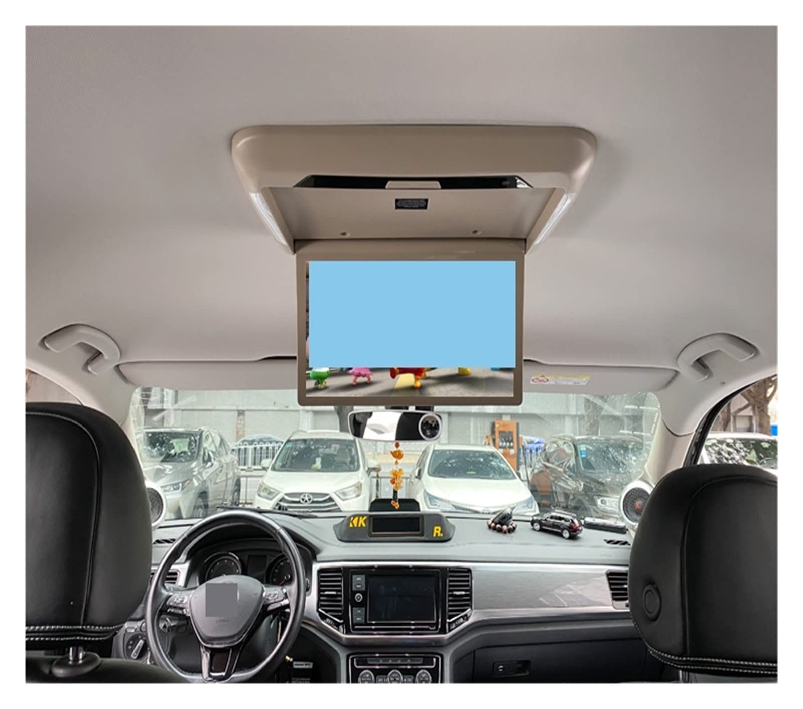 Monitor dachowy samochodu LCD rozkładany ekran napowietrzny multimedialny wideo sufitowy wyświetlacz do montażu na dachu wbudowany nadajnik FM USB Rodzinne wycieczki(13.3 inch Beige)