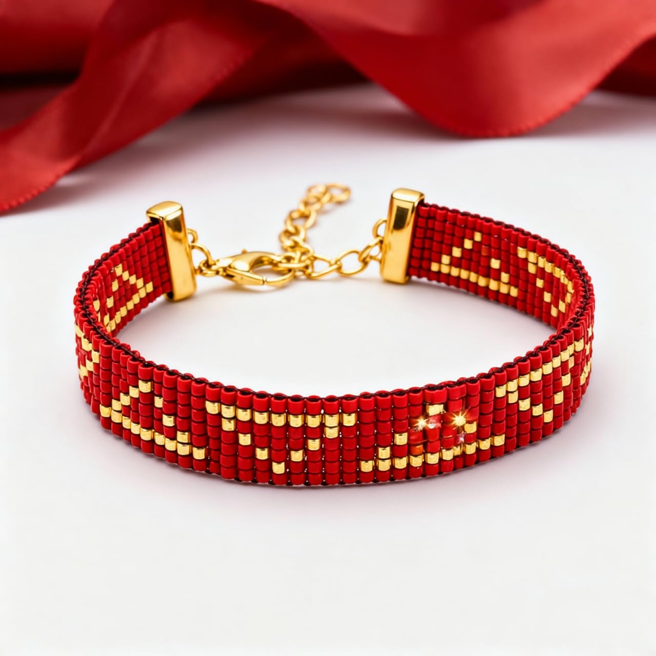 Miyuki Bracciale in perle tessute rosse e dorate – motivo geometrico Chevron, stile artigianale elegante, chiusura regolabile, gioiello unisex Salia Gold Paris