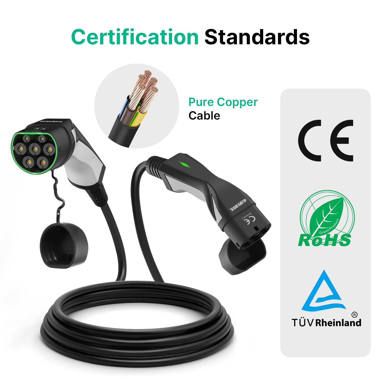 Cable de Carga EV Tipo 2 Cable Carga Coche Electrico Trifasico 32A 22KW 10M, con Bolsa, Compatible con el Model S/3/X/Y, ID.3, i3, Leaf, EQC, I-Pace, E-Tron