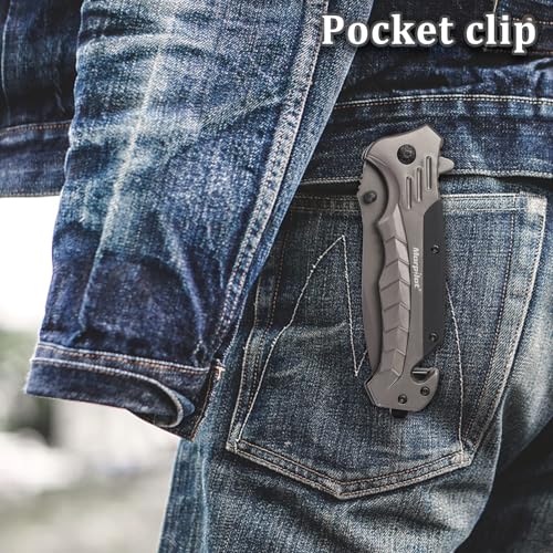Miniatura 6 de Morpilot Navaja Plegable, Cuchillo De Acero Inoxidable Con Punta Rompevidrio Y Cutter Cinturón Cuchillo Plegable Con Mango Acero Inoxidable Para Acampar, Picnic, Caza