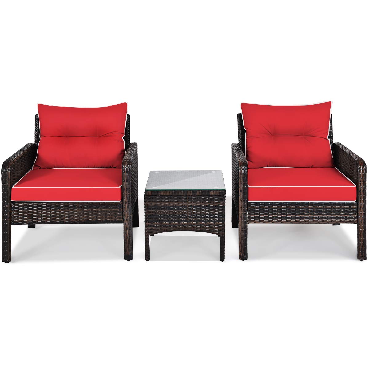 Juego de 3 muebles de patio al aire libre, juego de sillas de mimbre con mesa auxiliar de cristal, cojines gruesos, para todo tipo de clima, jardín, césped, piscina, patio, porche, juego para 9
