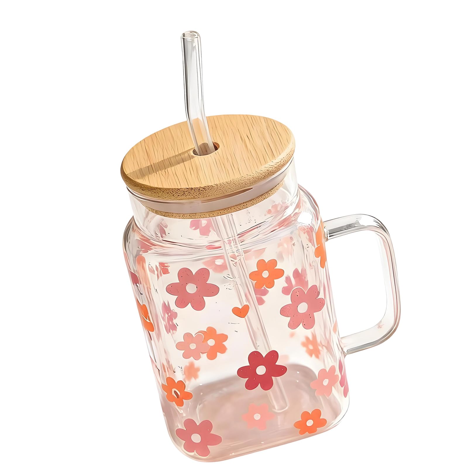 HZBB 550Ml Clear Glass Cup with Handle and Wooden Lid Beverage Tumblers Square Mug for Milk Juices Iced Coffee Home Kitchens Offices Glass Tumblers