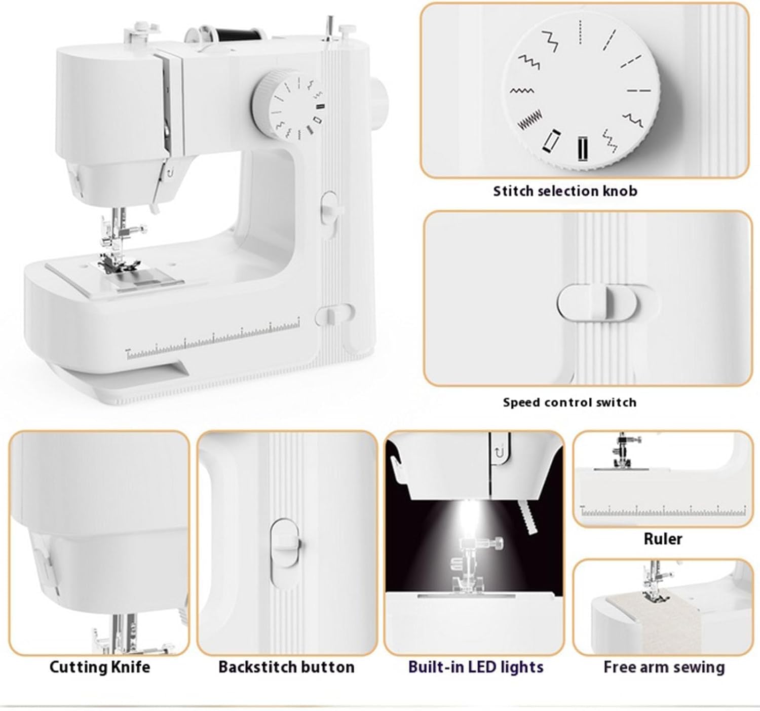 Máquina de Coser de Escritorio portátil, Kit de máquina de Coser doméstica Multifuncional de precisión, con luz LED integrada y función de Costura en reversa