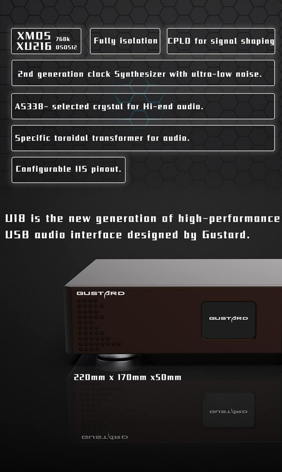 Gustard U18 DDC USB Digital Interface DSD512 PCM768Khz XU216 K2 Fully Isolation AS338 Hi-End Crystol IIS USB Audio Interface (Black)
