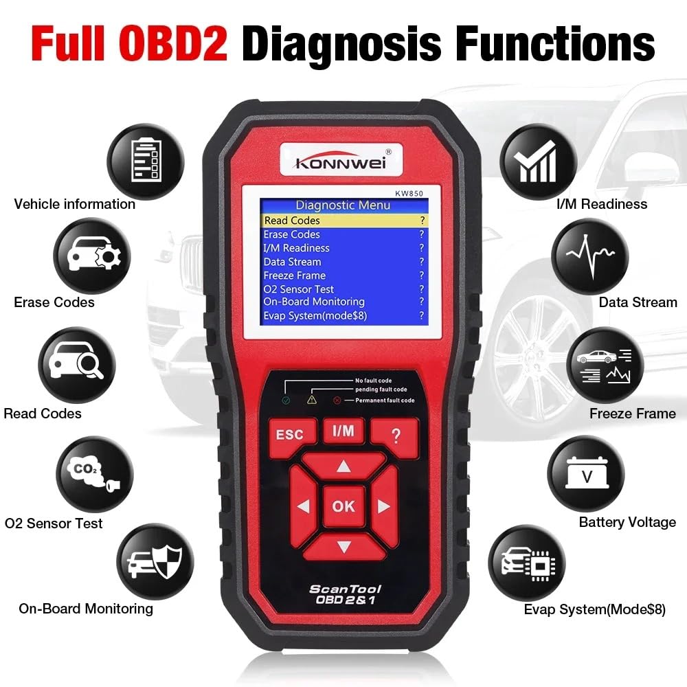KONNWEI KW850 skaner diagnostyczny OBD2, narzędzie diagnostyczne do akumulatora samochodowego, czytnik kodów usterek silnika, czytnik obd, dane na żywo, funkcja kontroli gotowości I/M, narzędzie