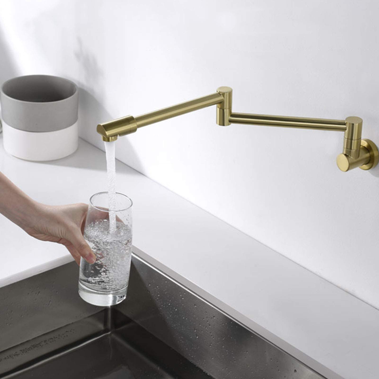 Rubinetto di riempimento per vaso a parete, design a doppio giunto snodato, rubinetto per lavello da cucina in ottone, miscelatore a due fori con maniglia singola, oro spazzolato