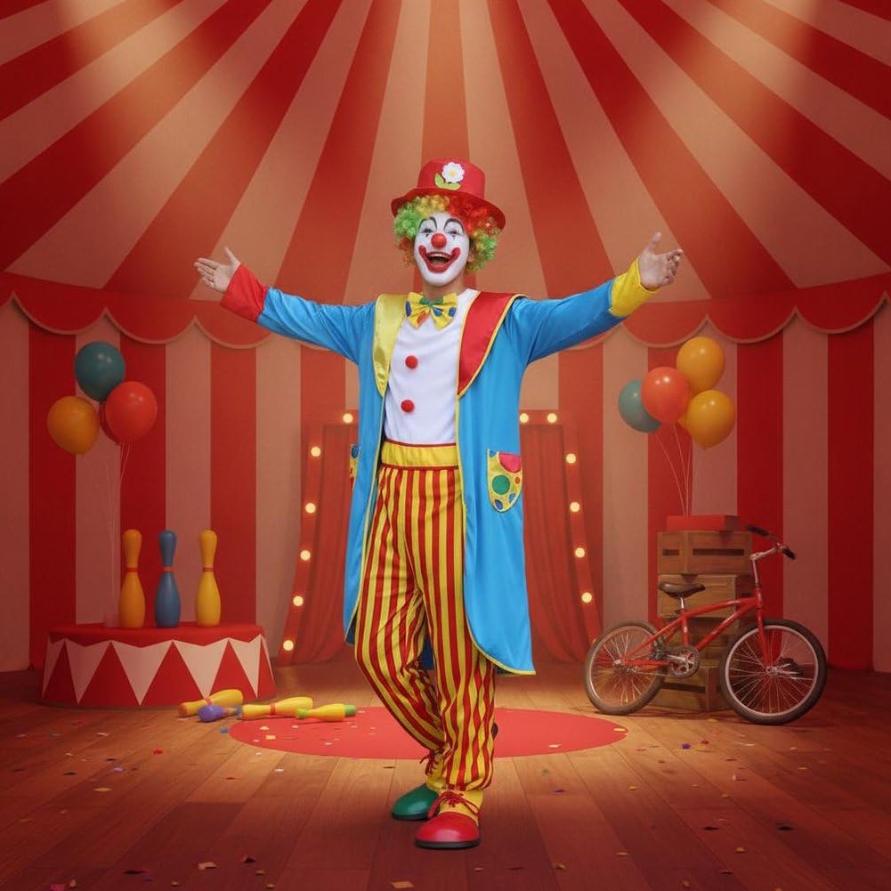 1 Set di Costumi Clown Colorati con Parrucca, Maschera, Borsa, Scarpe E Guanti, per Adulti, Ideali per Travestimenti Clown, per Halloween E Spettacoli Circensi.