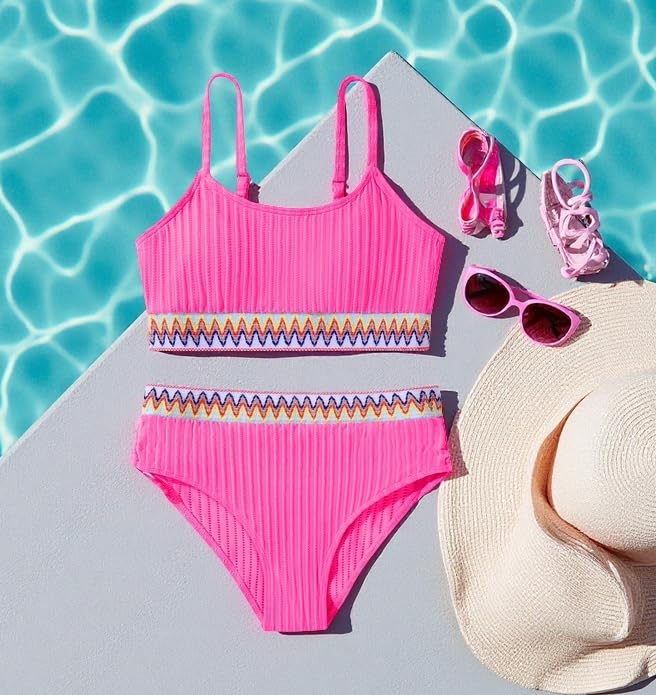 Image of Girls Swimsuit Two Piece Teen Bathing Suit High Waist Textured Bikini Set Woven Girls Swimwear 9-16Y