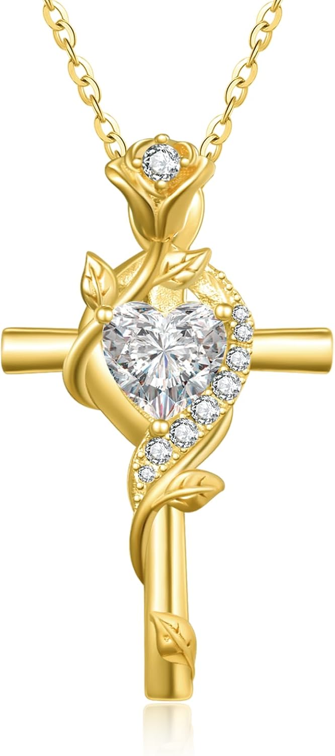 Rose Cross Necklaces for Women, 14K/18K/24K Gold/Rose Gold Cross Jewelry with Birthstone Pendant, Valentines Day Birthday Gifts for Women, 18+2 Inch Chain