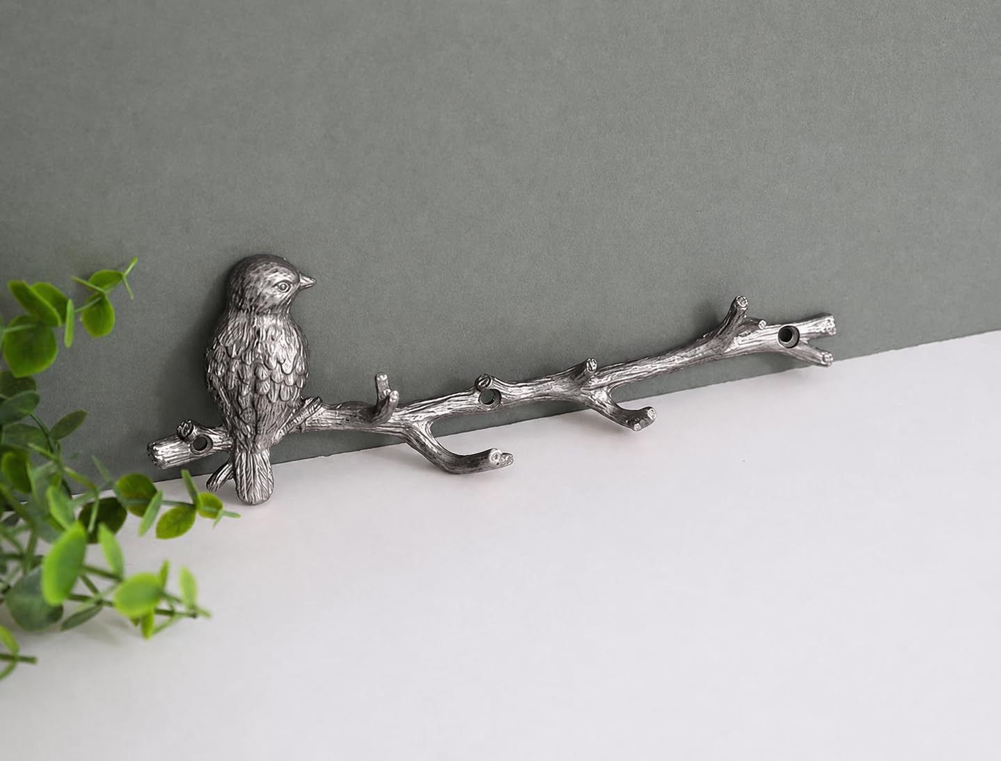 Fyne-Finds Metal Gold Silver Bird on Branch 6 Hooks Coat Key Lead Hanger Rack Wall Mounted (Silver)