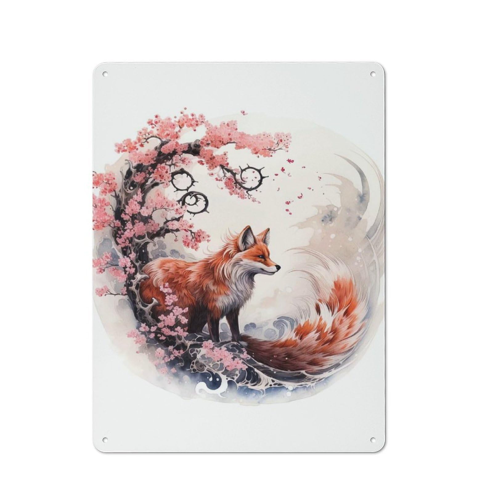 Cafe Style Decorative Metal Plaque 40x30cm Featuring Fox And Cherry Blossoms Watercolor Art, Bistro Wall Plaque for Tea Room, Shop Wall Or Breakfast Area