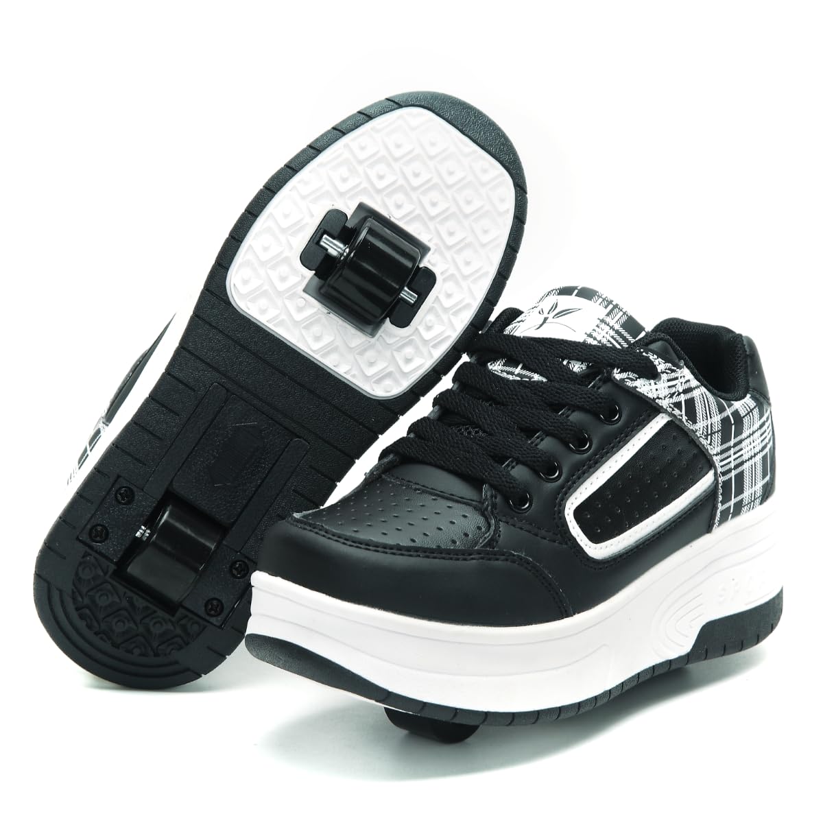 Ragazzi Ragazze Scarpe da Skateboard con 2 Ruote Automatiche, Pattini a rotelle per Bambini con Doppie Ruote, Scarpe da Fitness per Esterno Sneakers, Nero-Rosa, Nero-Bianco, 31-39 EU