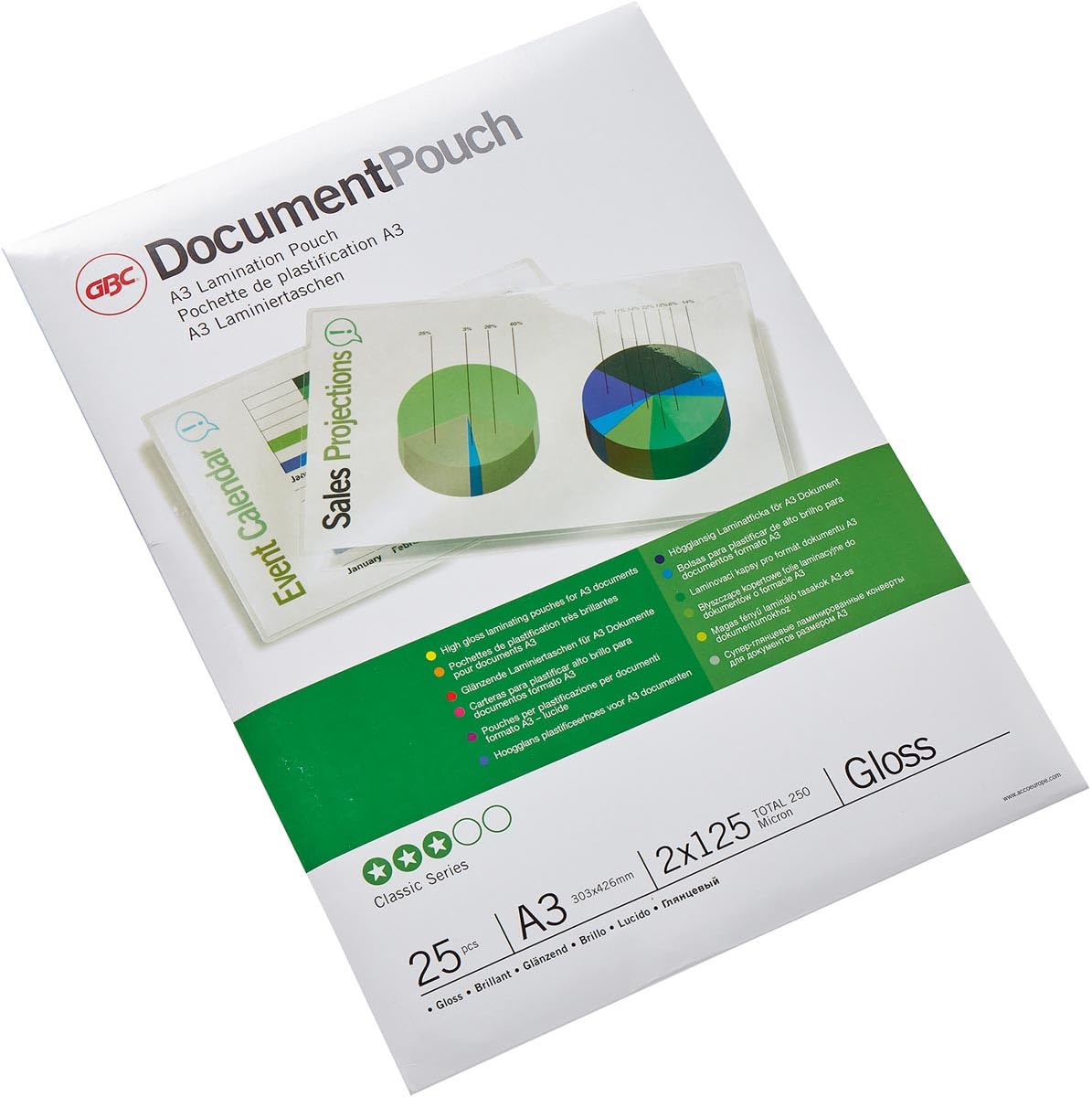 GBC A3 2x125 Micron Gloss Laminating Pouches, Pack of 25, 3747237