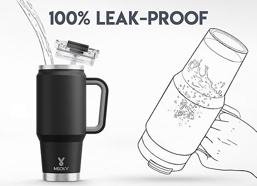 Miniatura 3 de Meoky Vaso de 32 onzas con asa, vaso aislado con tapa y popote, taza de viaje de acero inoxidable, mantiene el frío durante 24 horas, 100% a prueba