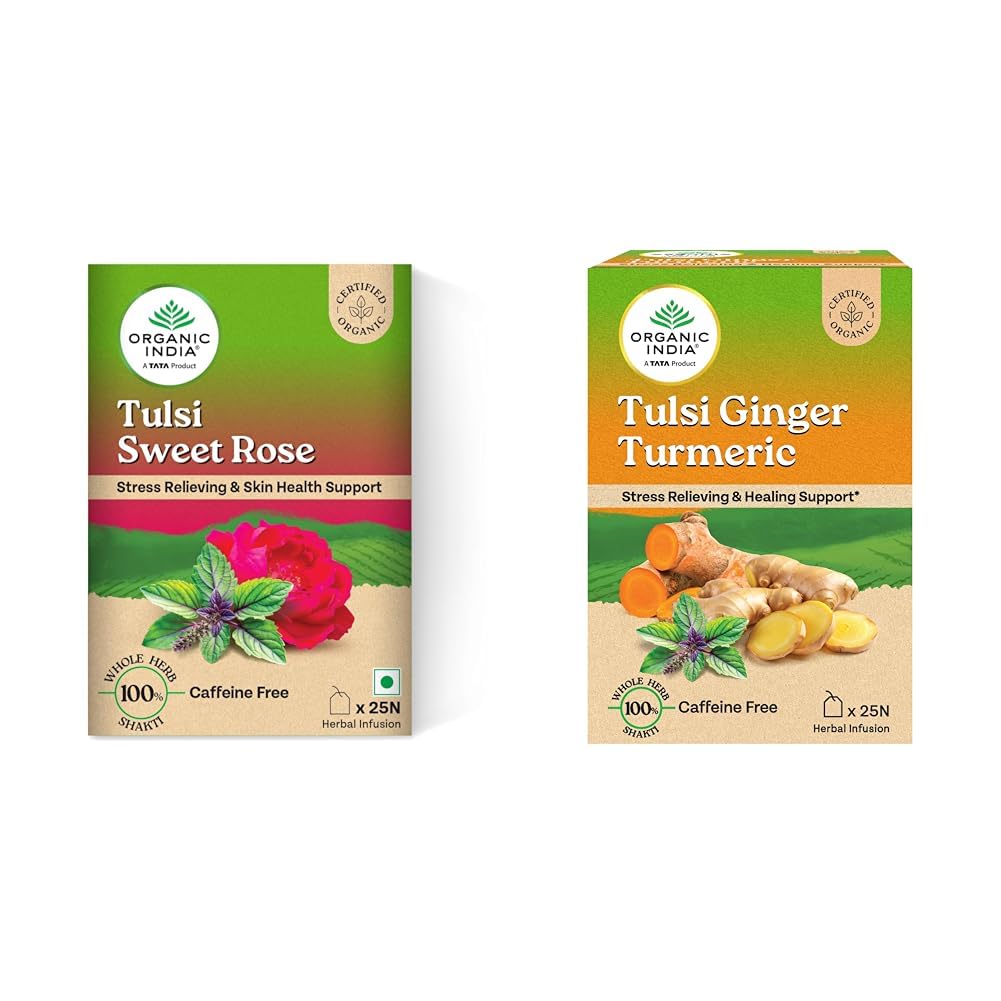 A TATA Product - Organic India Tulsi Sweet Rose - 25 Tea Bags, Stress Relieving, Supports Radiant Sk + Organic India Tulsi Ginger Turmeric - 25 Tea Bags